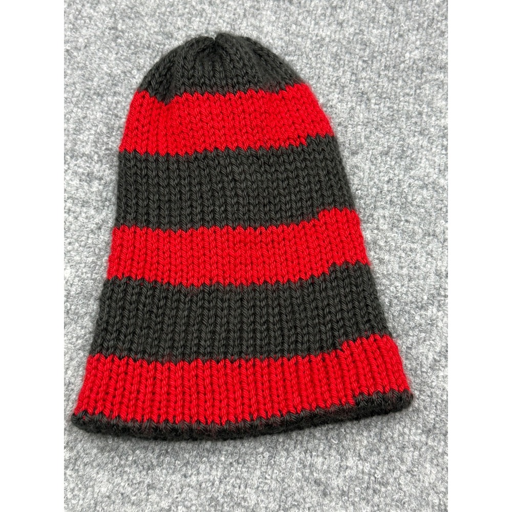 Kids Red Black Striped Knit Beanie Hat Handmade Punk Grunge Winter Cap